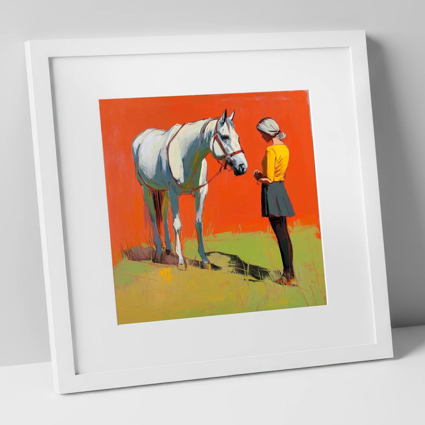 A Quiet Understanding horse & rider art print in white frame