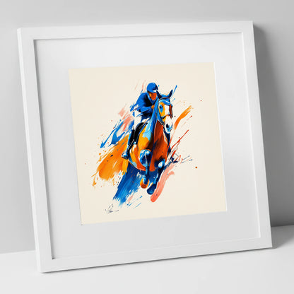 Airborne Energy show jumping horse art print in white frame