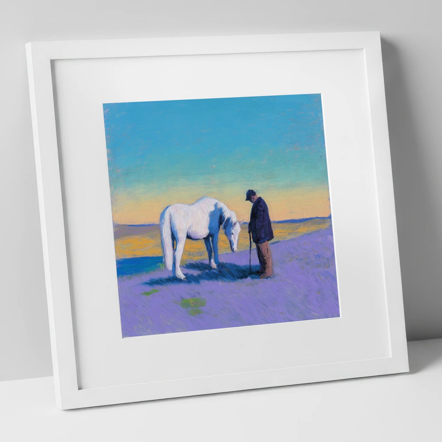 The Silent Bond horse & rider art print in white frame