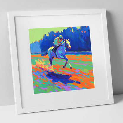 The Vibrant Gallop racing horse art print in white frame