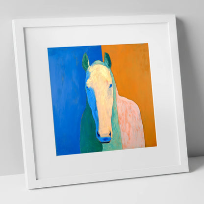 Cobalt And Clay Equine horse portrait art print in white frame