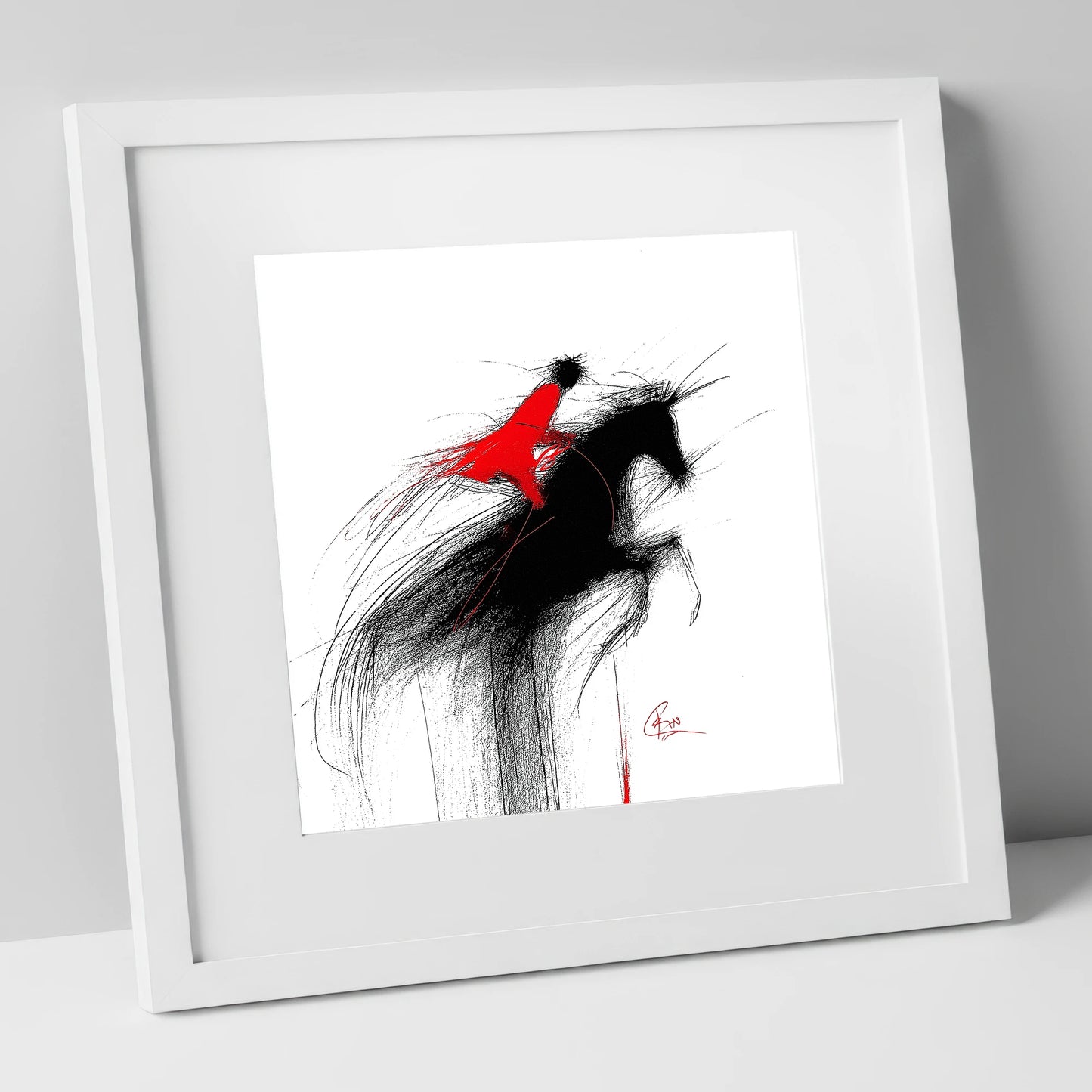 Crimson Flight show jumping horse art print in white frame
