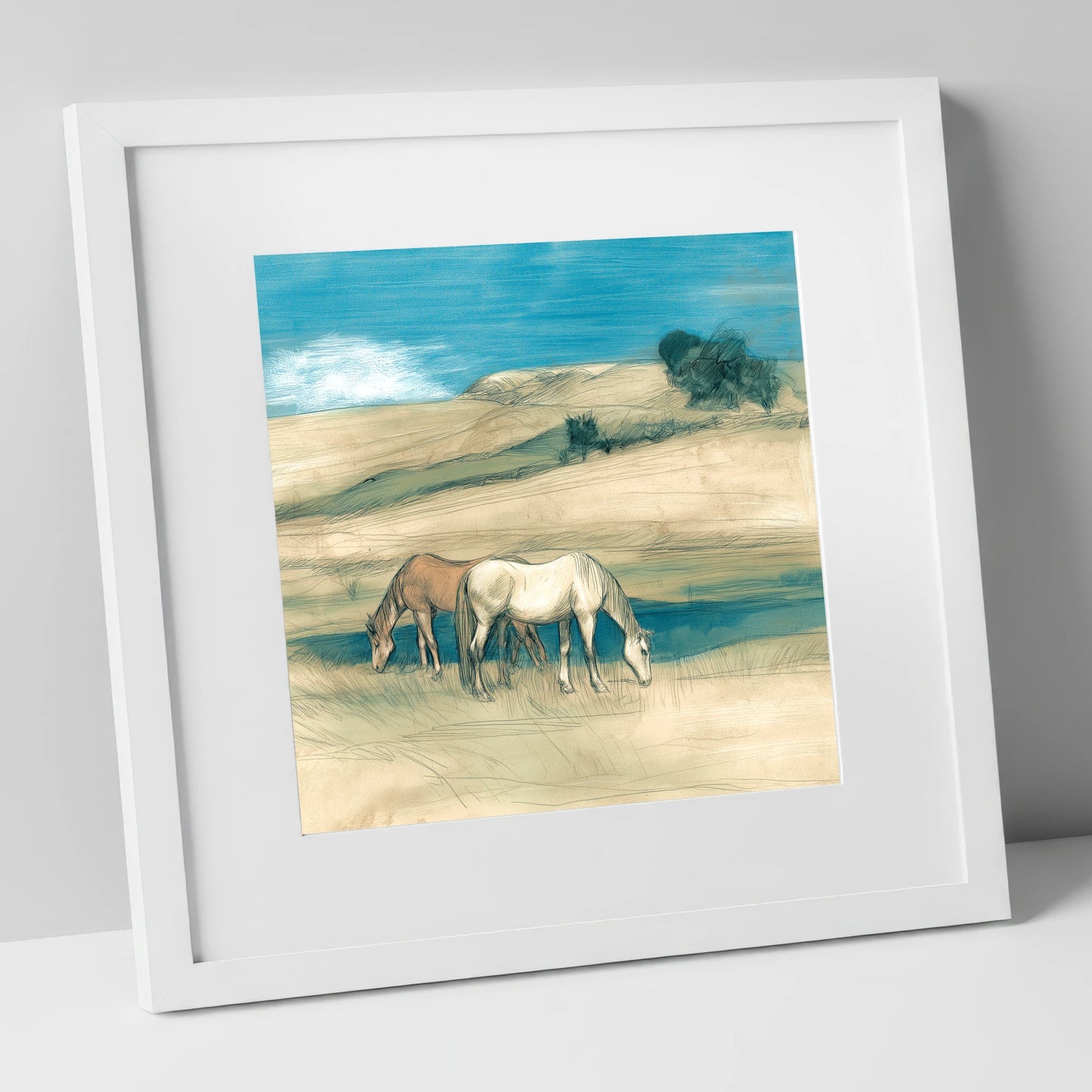 Grazing Beneath Teal Skies horse landscape art print in white frame