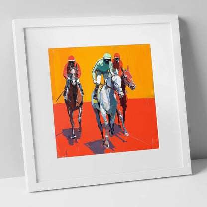 Heat of the Race racing horse art print in white frame