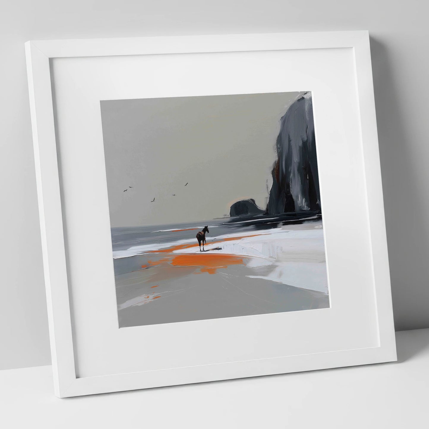Solitary Shoreline horse landscape art print in white frame
