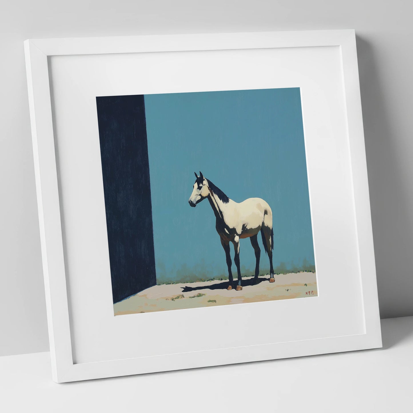 Cerulean and Shadow horse breed art print in white frame