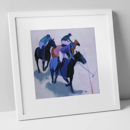Midnight Pursuit on the Field polo horse art print in white frame