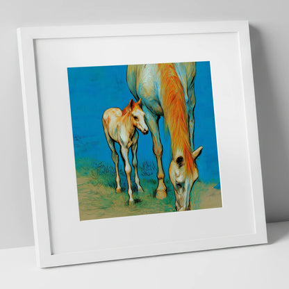 Nurture and Nature mare & foal art print in white frame