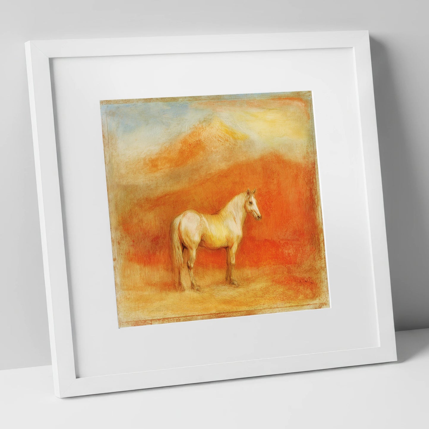 Ethereal Mountain Grey horse portrait art print in white frame