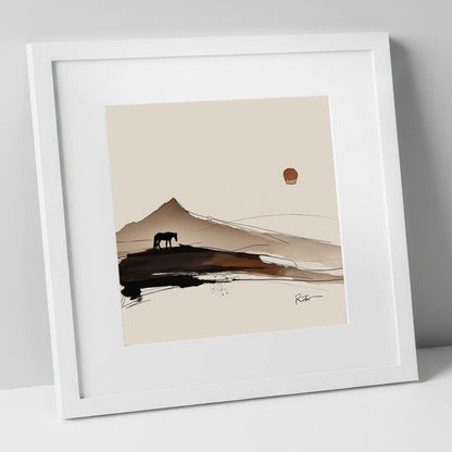 Solitude Beneath the Peak horse landscape art print in white frame