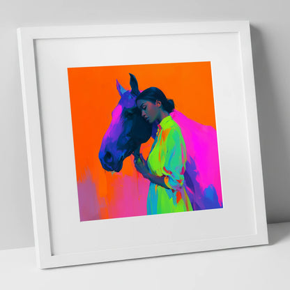 Technicolour Bond horse & rider art print in white frame