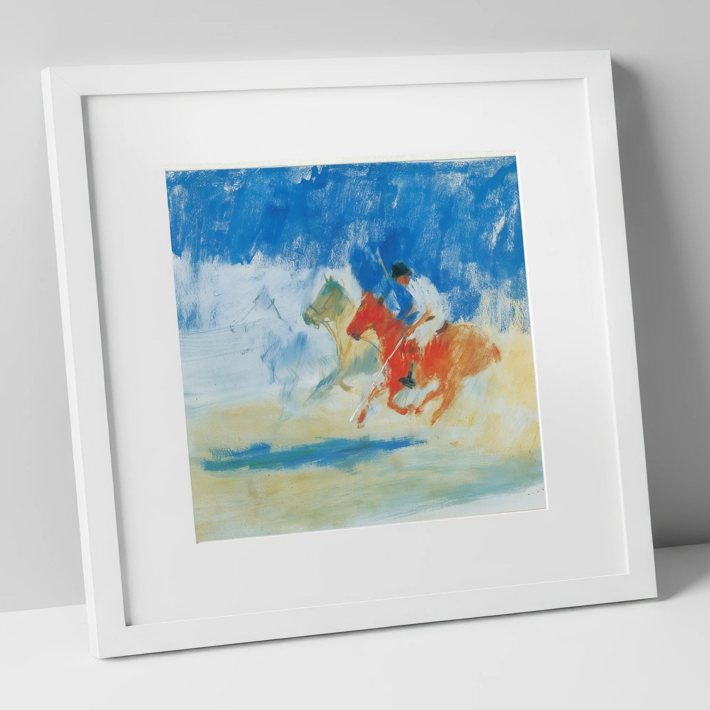 Cerulean Polo Chase polo horse art print in white frame