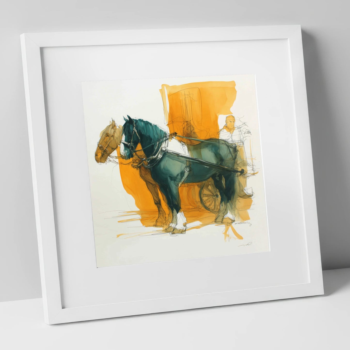 Harnessed in Amber working horse art print in white frame