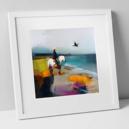 Vibrant Shoreline Hack beach horse art print in white frame