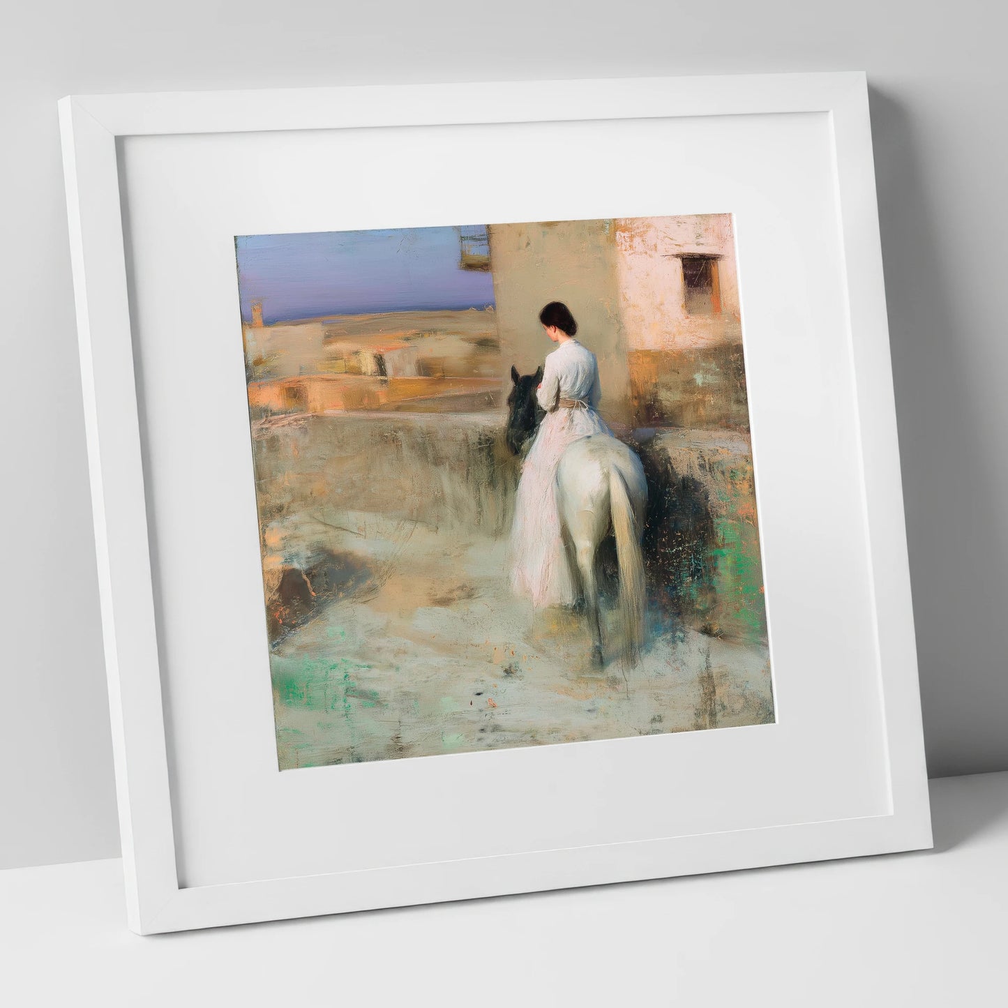 Distant Horizons horse & rider art print in white frame