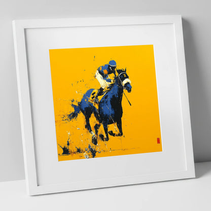 Cobalt Gallop racing horse art print in white frame