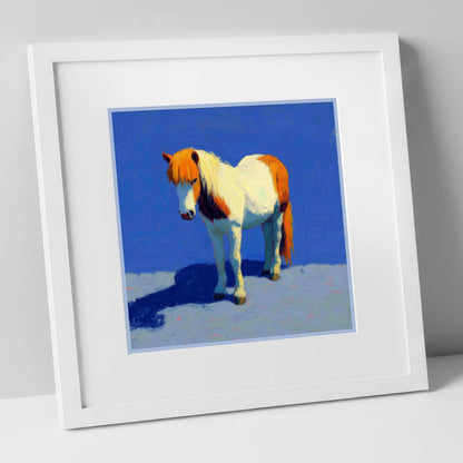 Sunlit Skewbald Pony horse breed art print in white frame