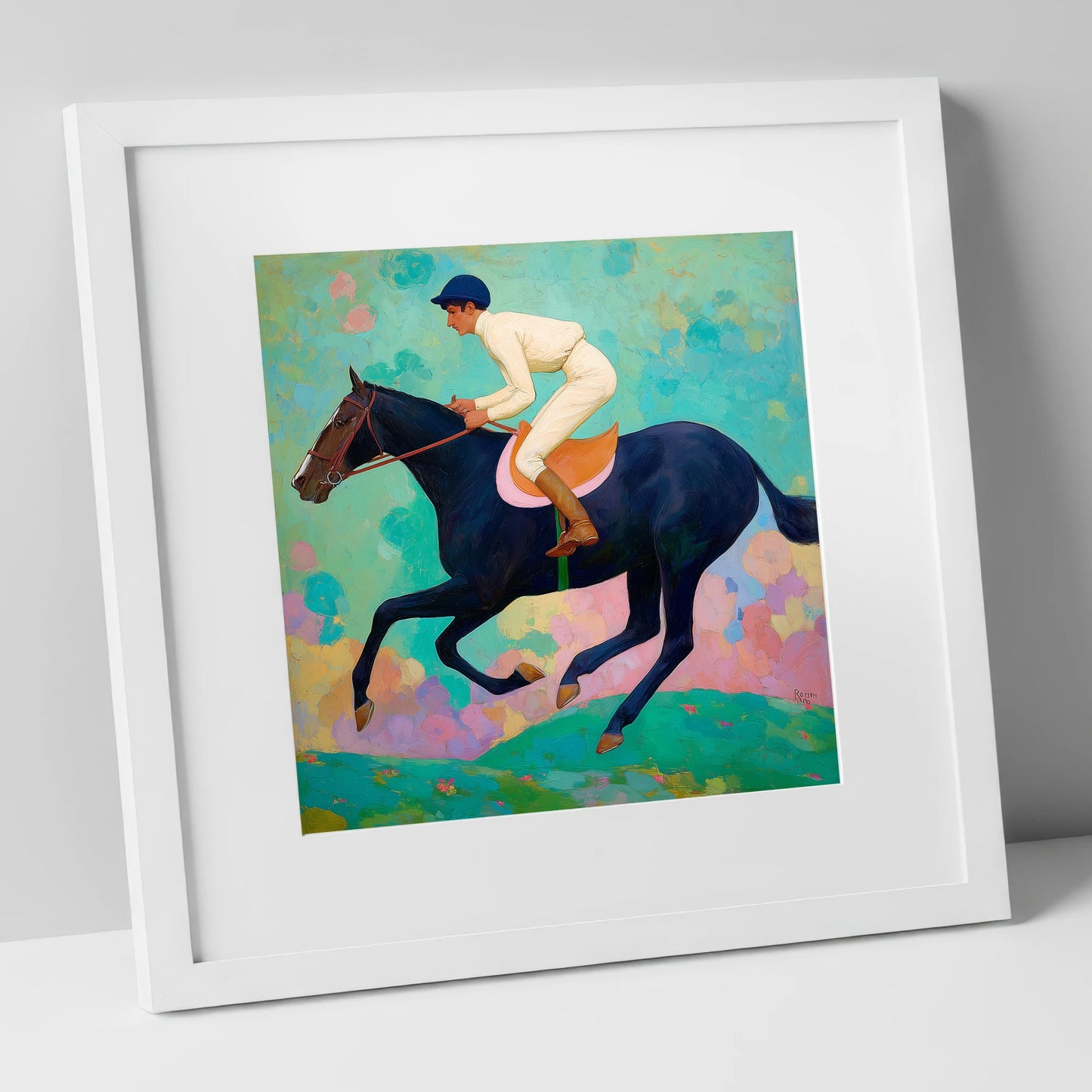 The Indigo Gallop racing horse art print in white frame