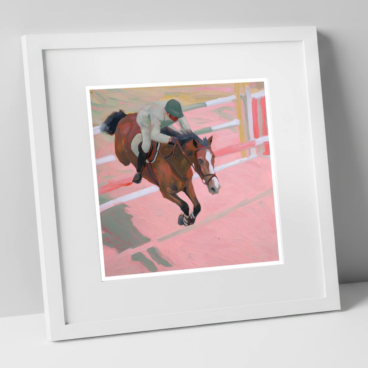 Suspended in Pink show jumping horse art print in white frame