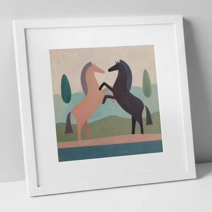 Earthy Equine Harmony wild horses art print in white frame