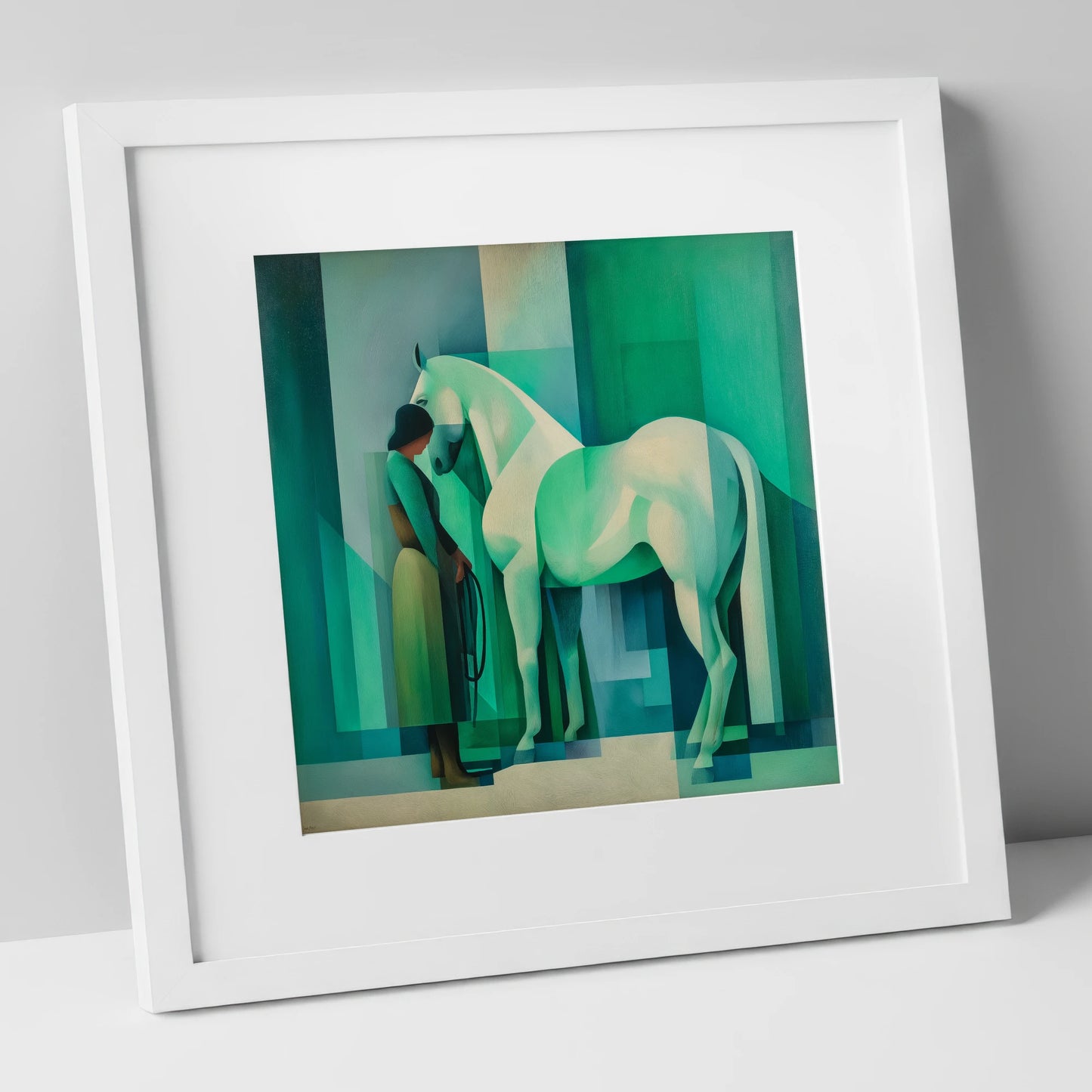 Emerald Equine Harmony horse & rider art print in white frame