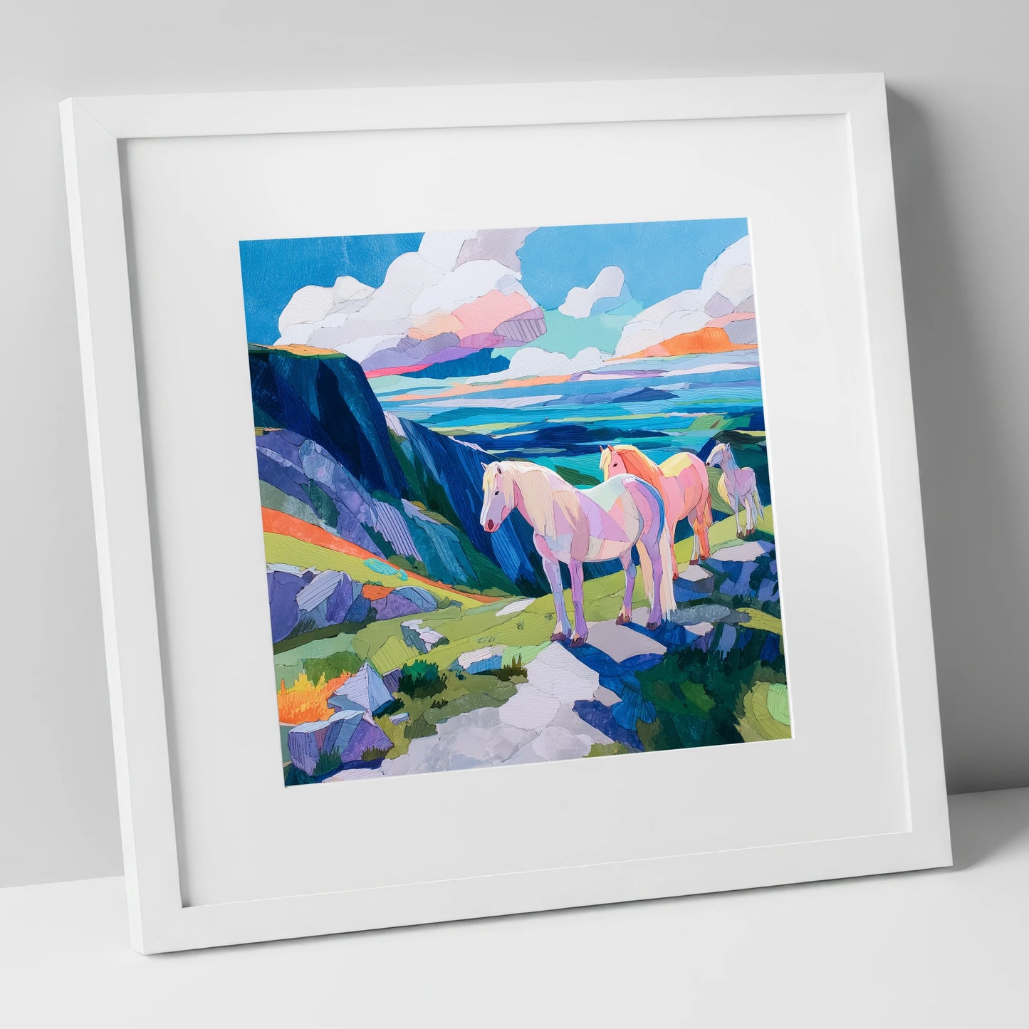 Vibrant Highland Dreamscape horse landscape art print in white frame