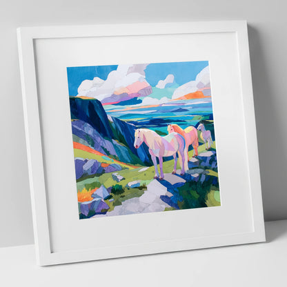 Vibrant Highland Dreamscape horse landscape art print in white frame