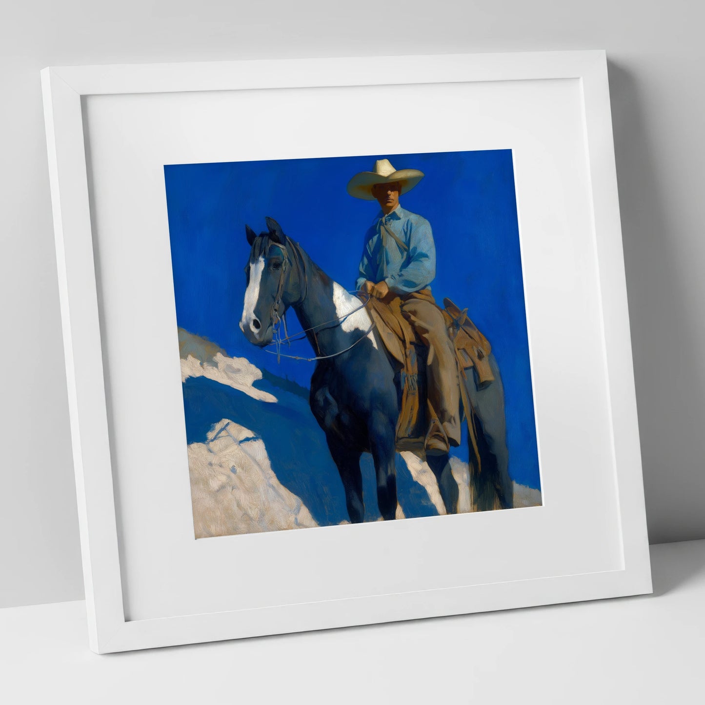 Under the Cobalt Sky western horse art print in white frame