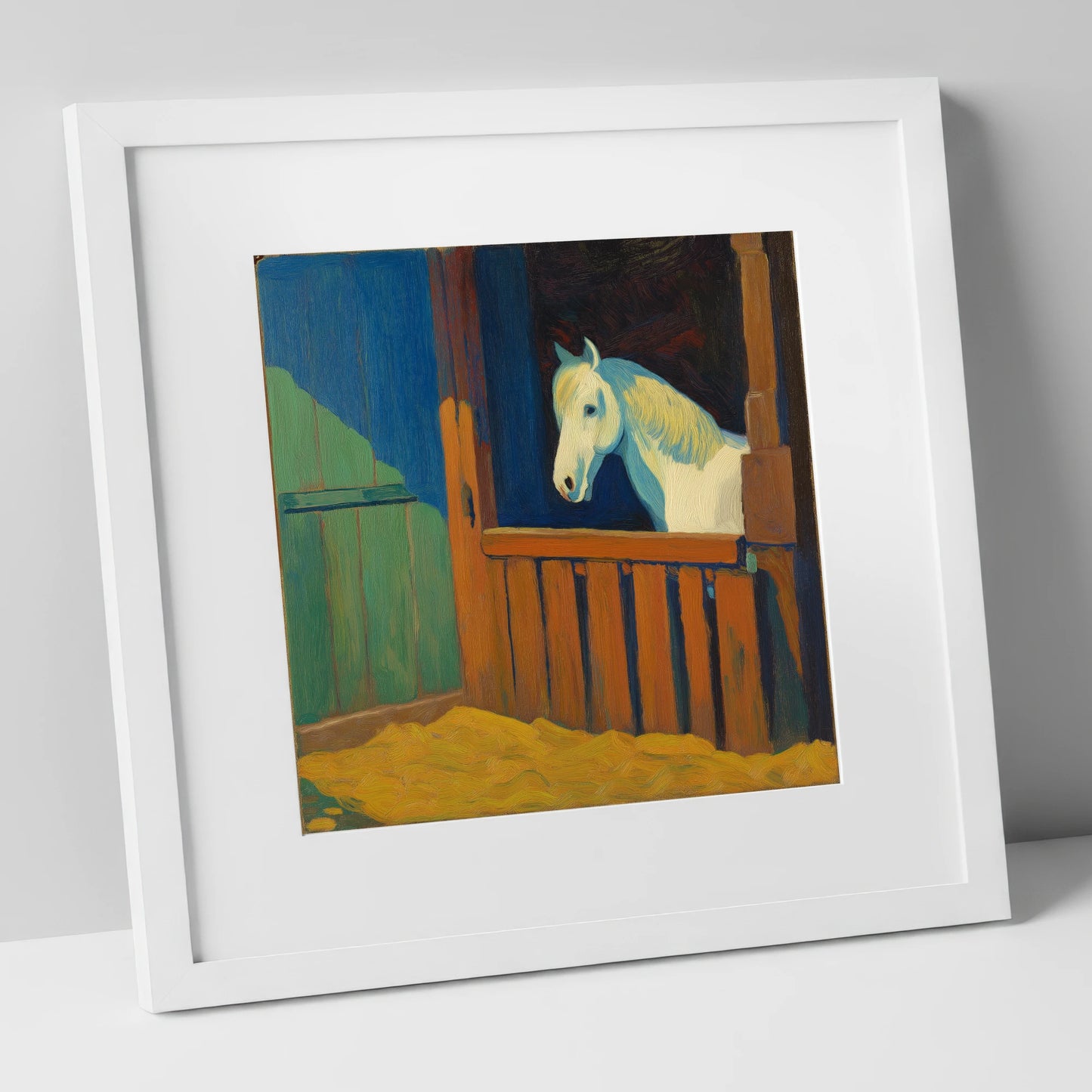 The Blue Shadowed Grey horse stable art print in white frame