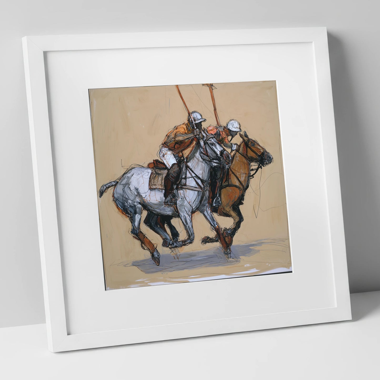 The Midfield Duel polo horse art print in white frame