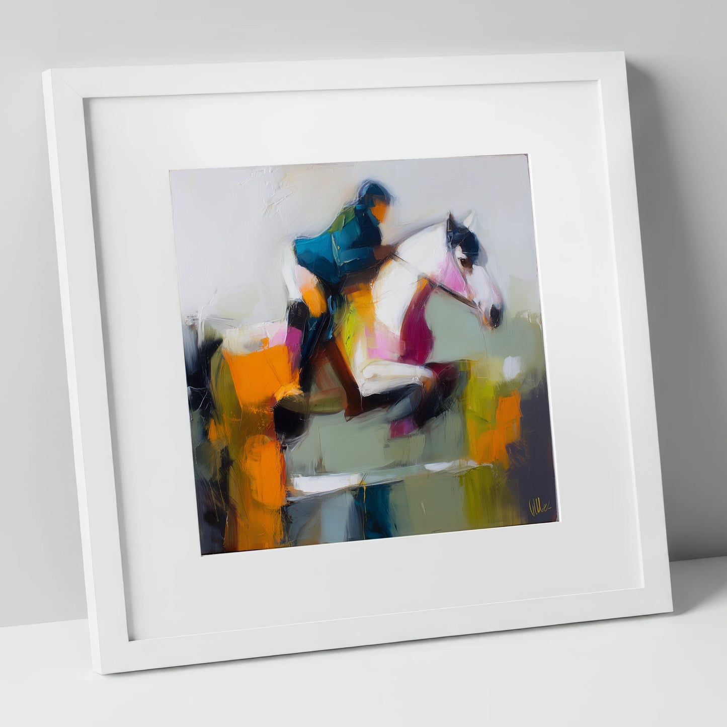 Vivid Flight show jumping horse art print in white frame