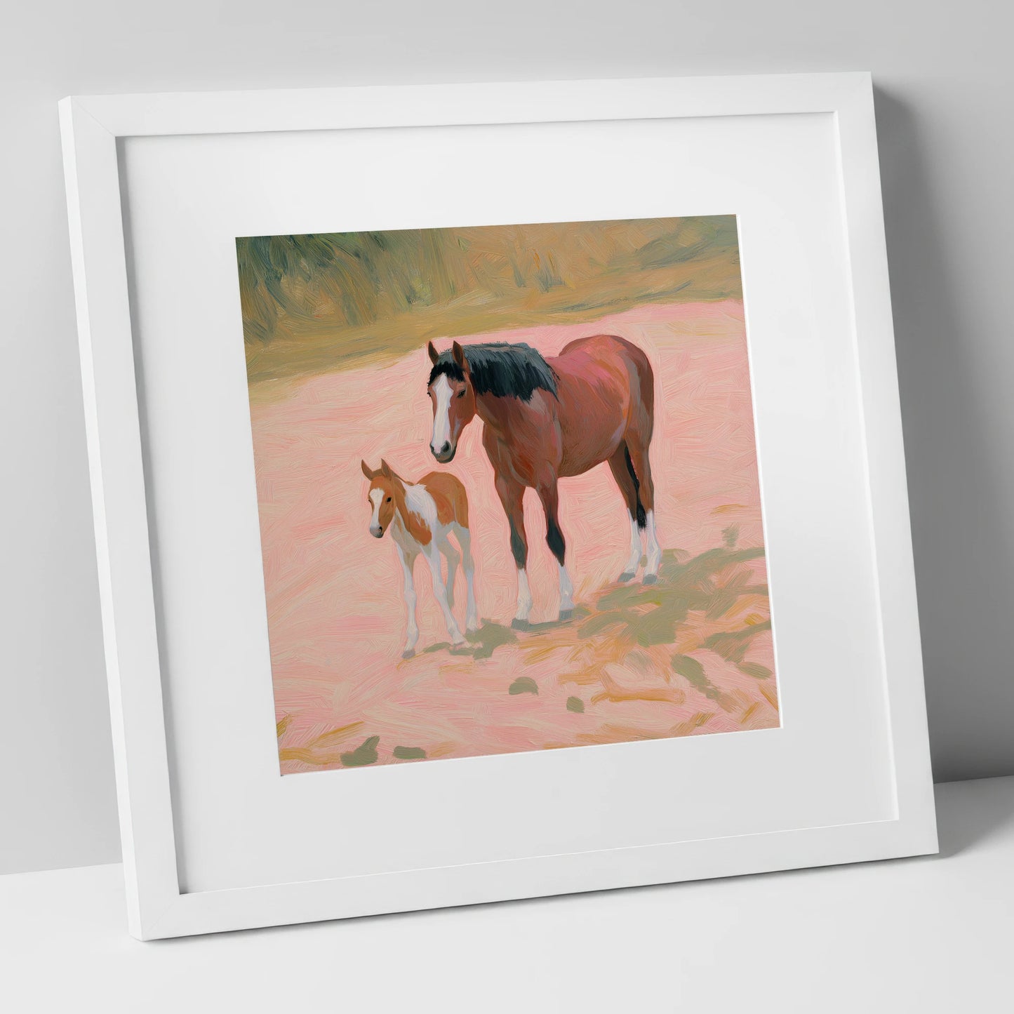 The Gentle Bond mare & foal art print in white frame