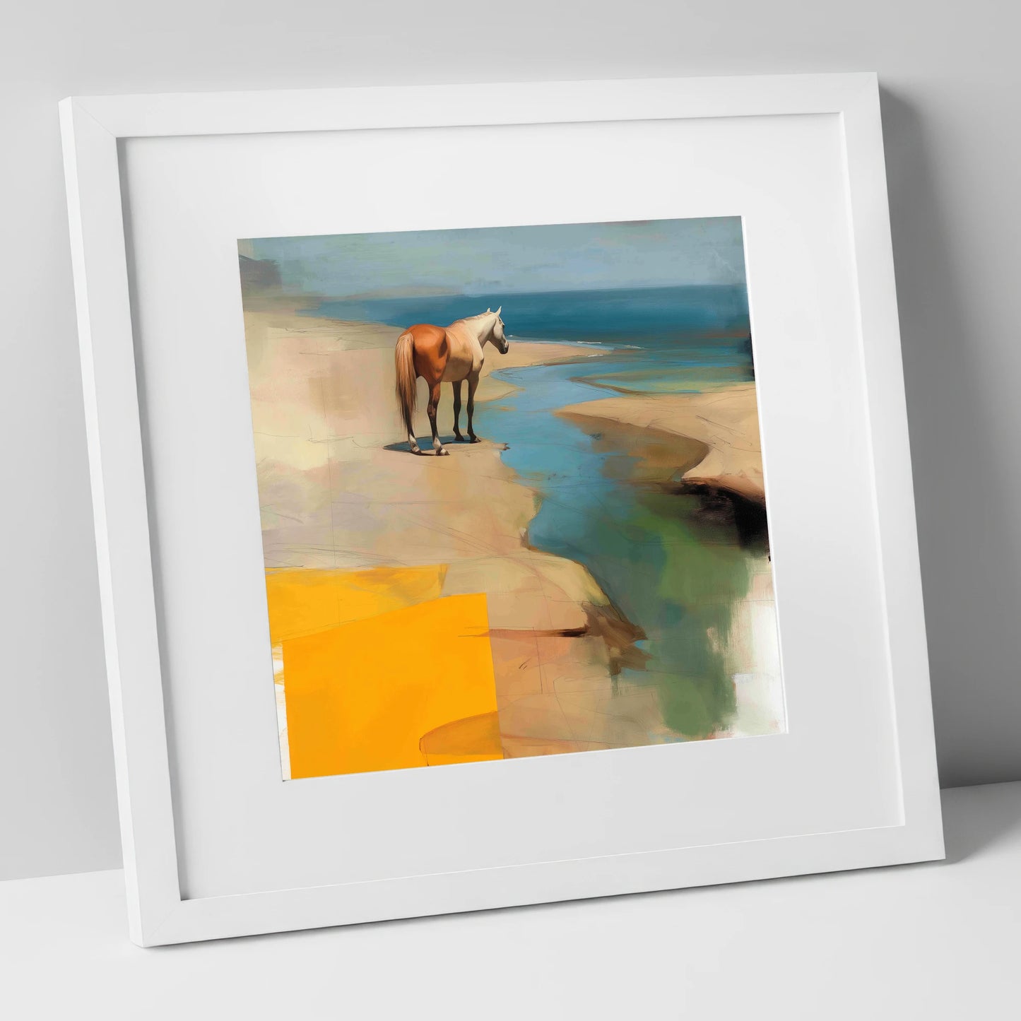 Golden Shoreline Solitude horse landscape art print in white frame