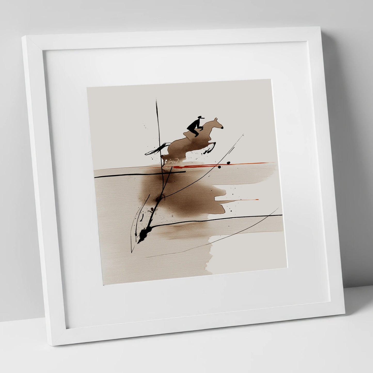 Sepia Suspension show jumping horse art print in white frame