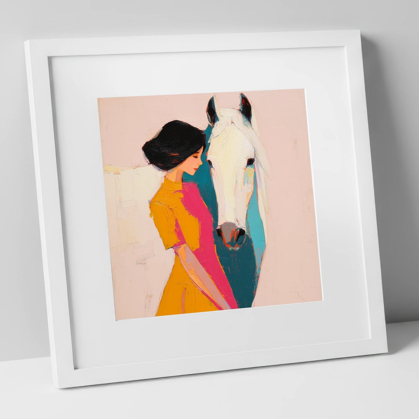 Vibrant Harmony horse & rider art print in white frame