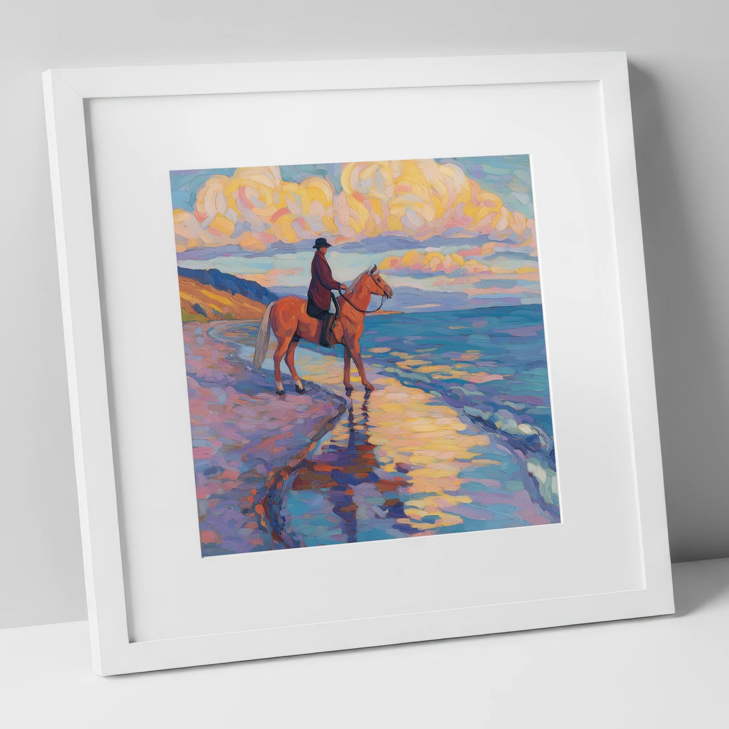 Sunset Coastal Reflections beach horse art print in white frame
