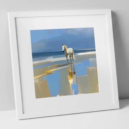 Coastal Reflection horse landscape art print in white frame