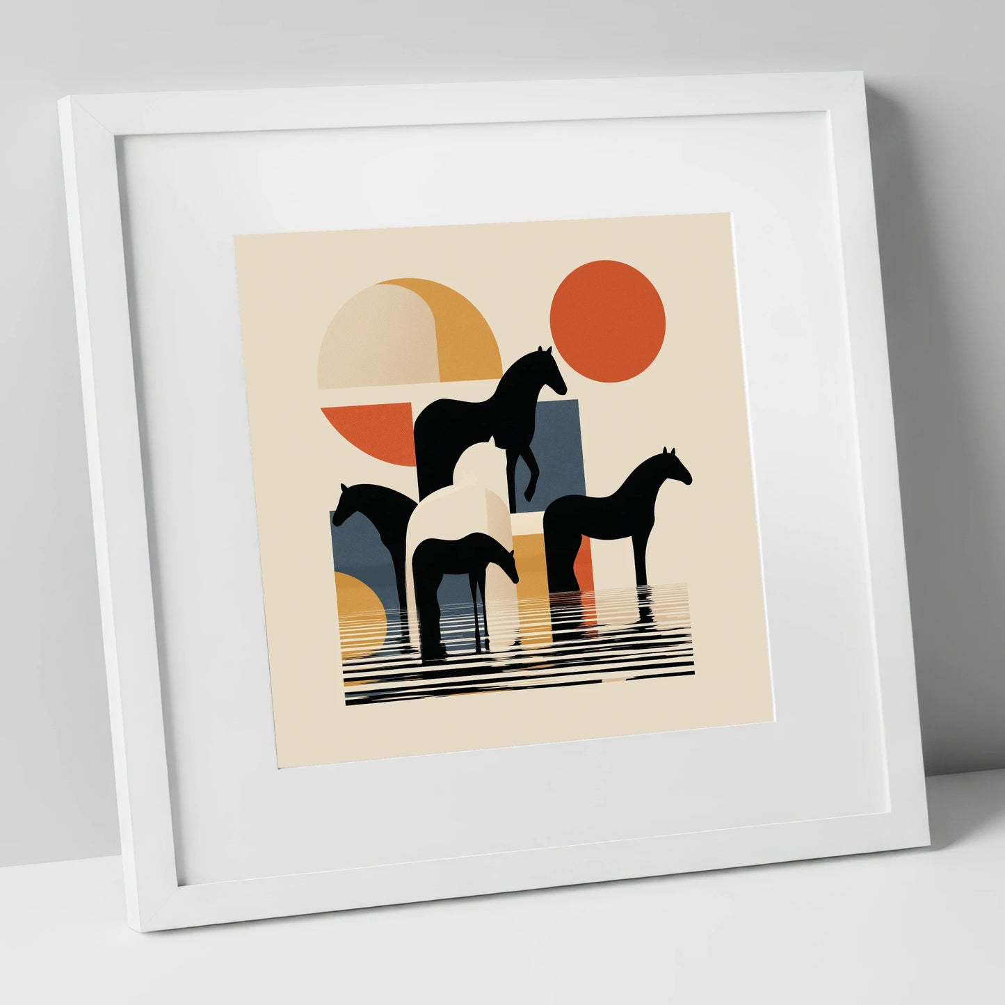 Geometric Equine Reflections wild horses art print in white frame