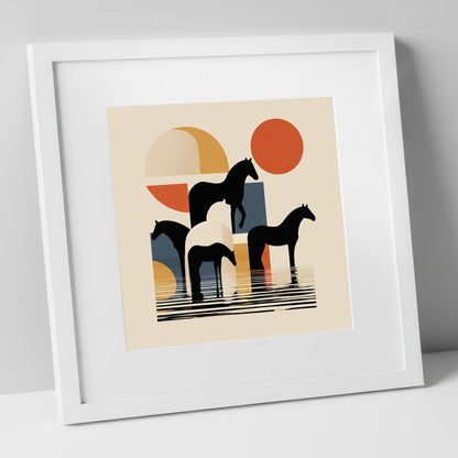 Geometric Equine Reflections wild horses art print in white frame