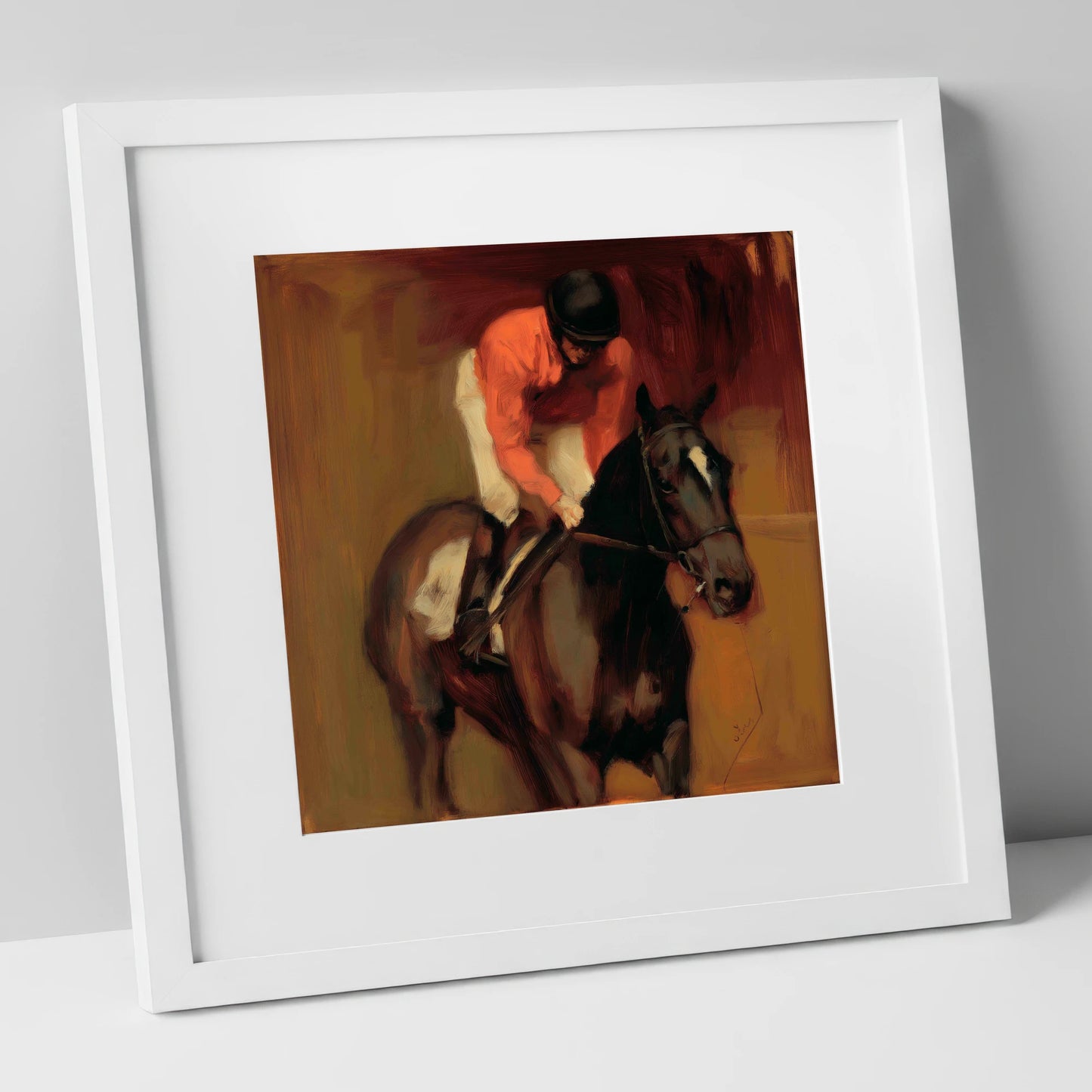 Trackside Shadows racing horse art print in white frame