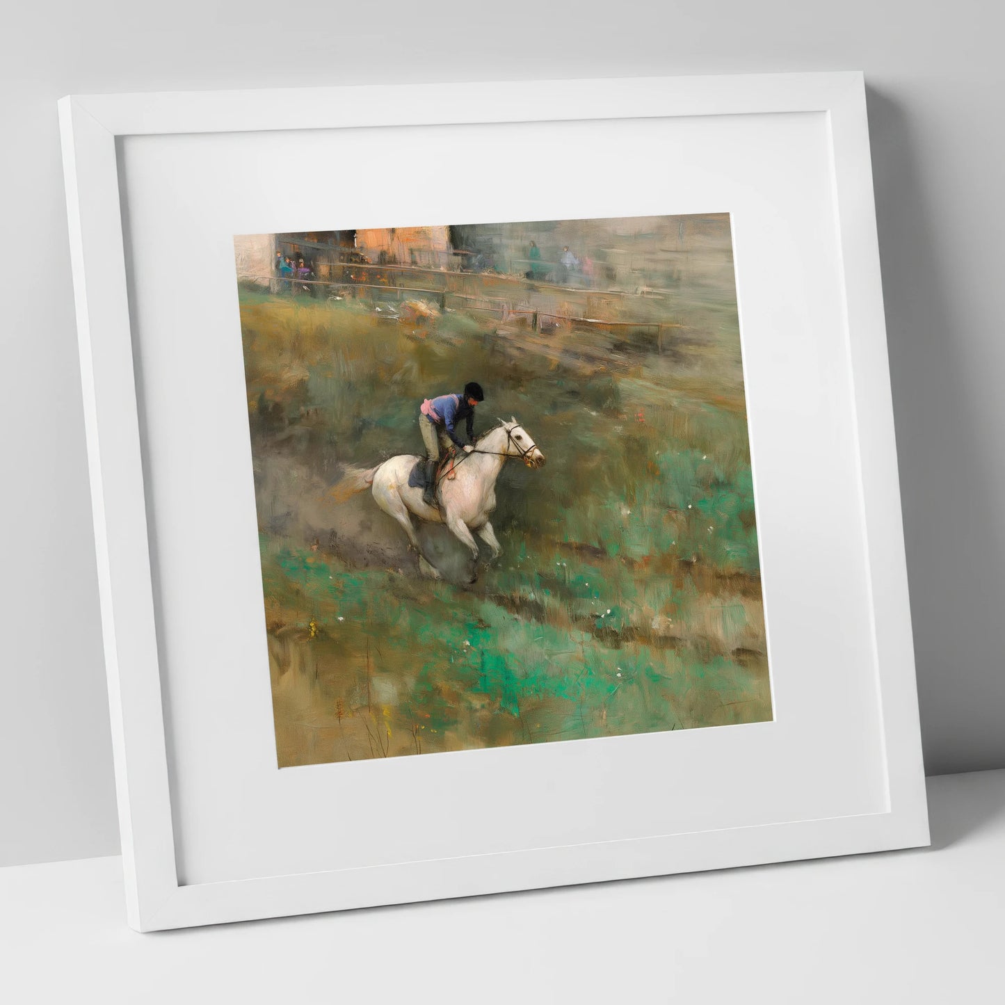 Through the Morning Mist racing horse art print in white frame