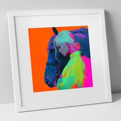 Technicolour Trust horse & rider art print in white frame