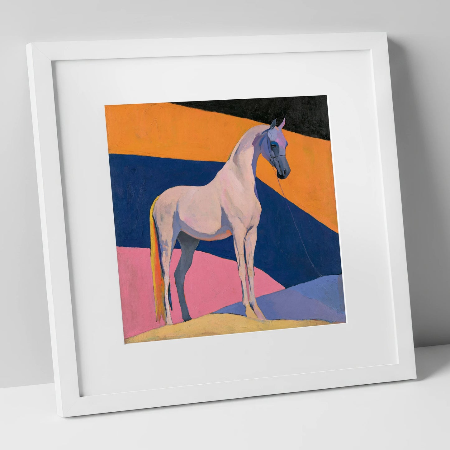 Grey Arabian Against Geometric Colours horse breed art print in white frame