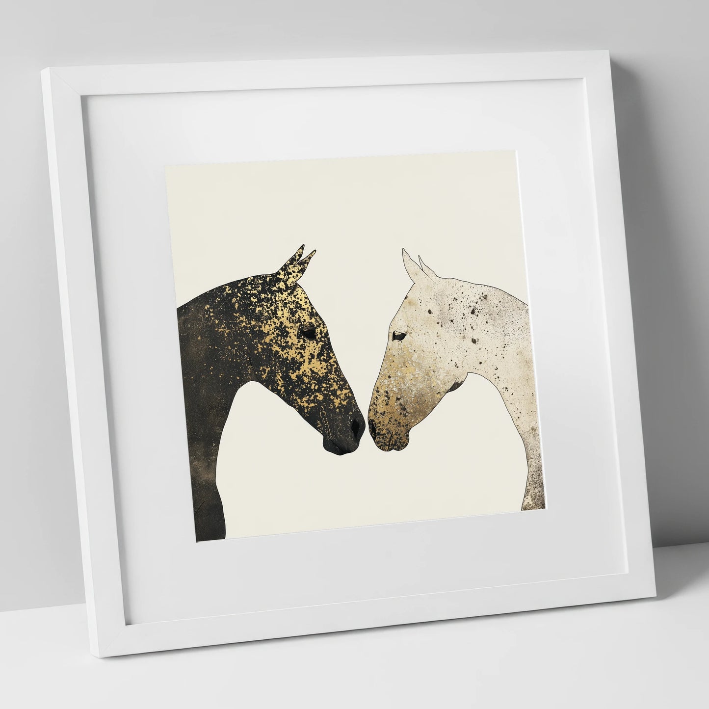 Gilded Encounter horse portrait art print in white frame