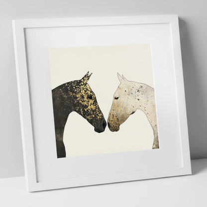 Gilded Encounter horse portrait art print in white frame