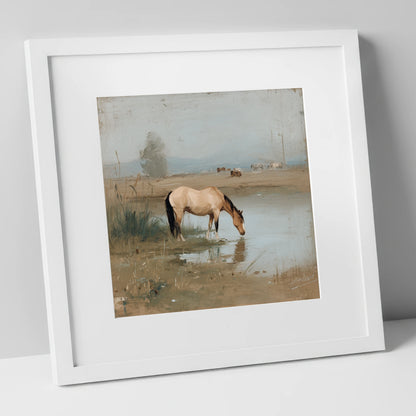 Buckskin by the Shallows horse landscape art print in white frame