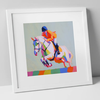 Technicolour Flight show jumping horse art print in white frame