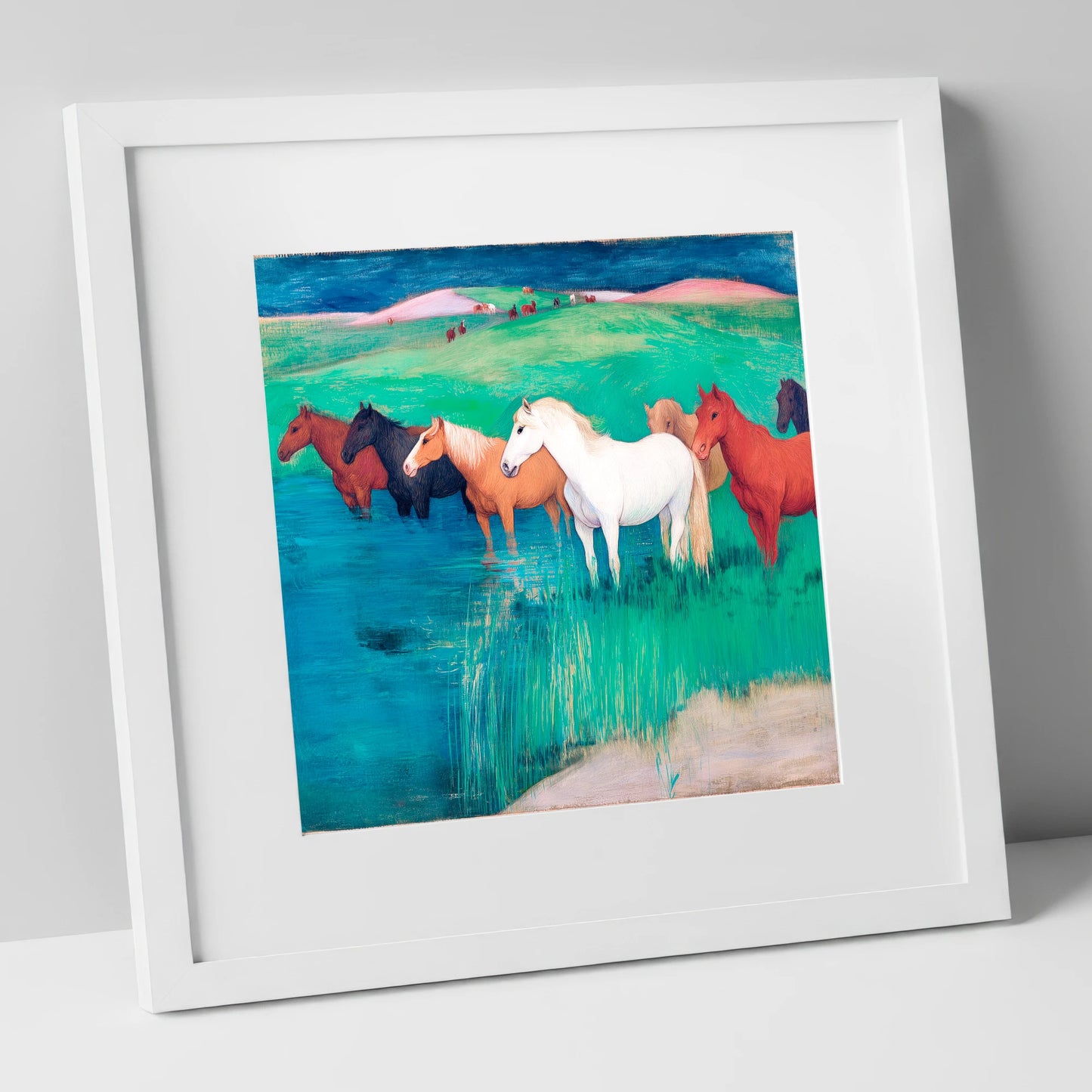 The Emerald Shallows wild horses art print in white frame