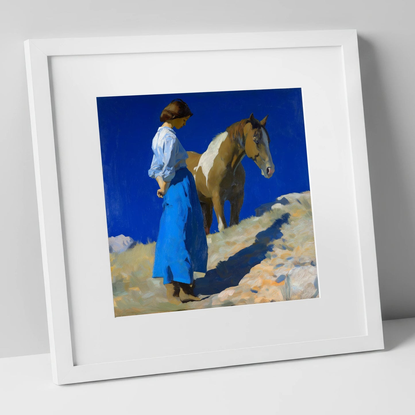 Under the Cobalt Sky horse & rider art print in white frame