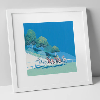 The Cerulean Sprint racing horse art print in white frame
